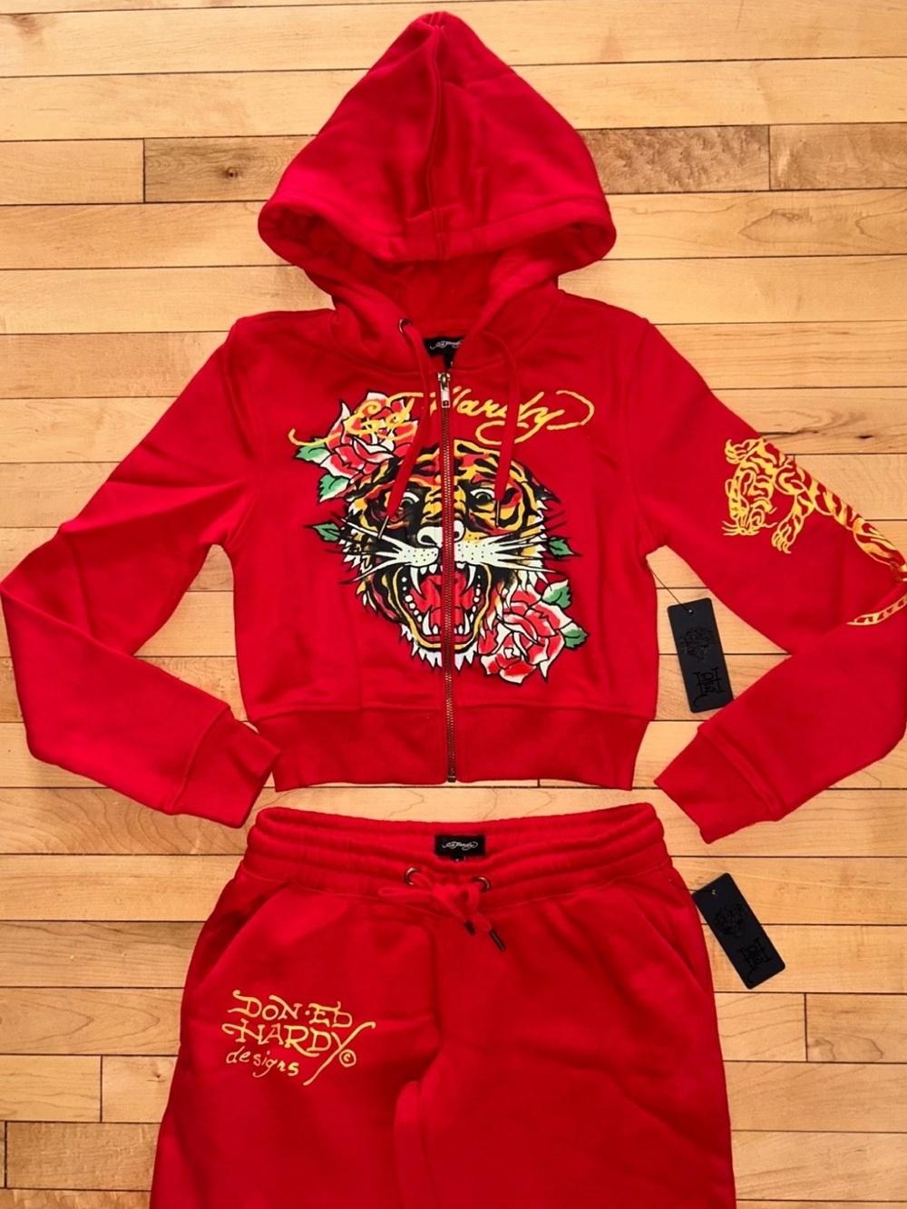 NEW! ED HARDY Retro Tiger Hoodie & Pant Fleece Tracksuit Set in Red Size S